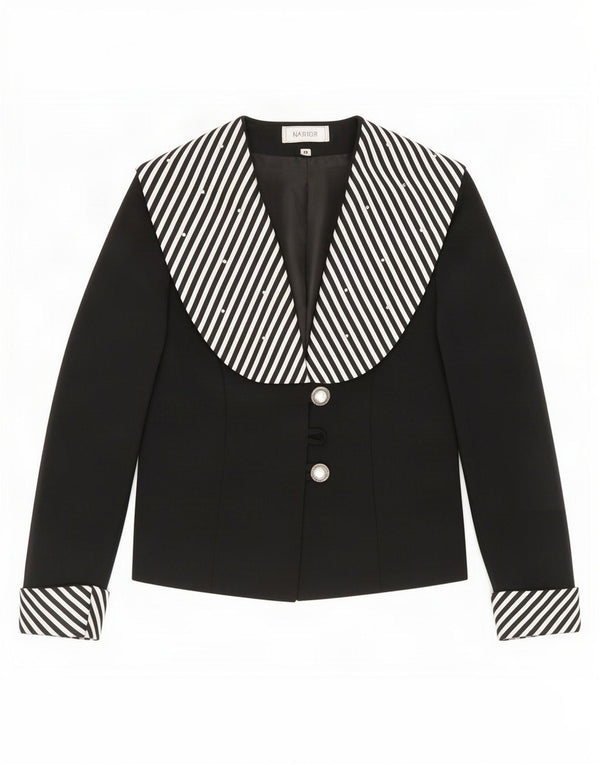 Vintage γυναικείο σακάκι blazer UK 14 μεσαίο μαύρο ριγέ πολυεστέρα