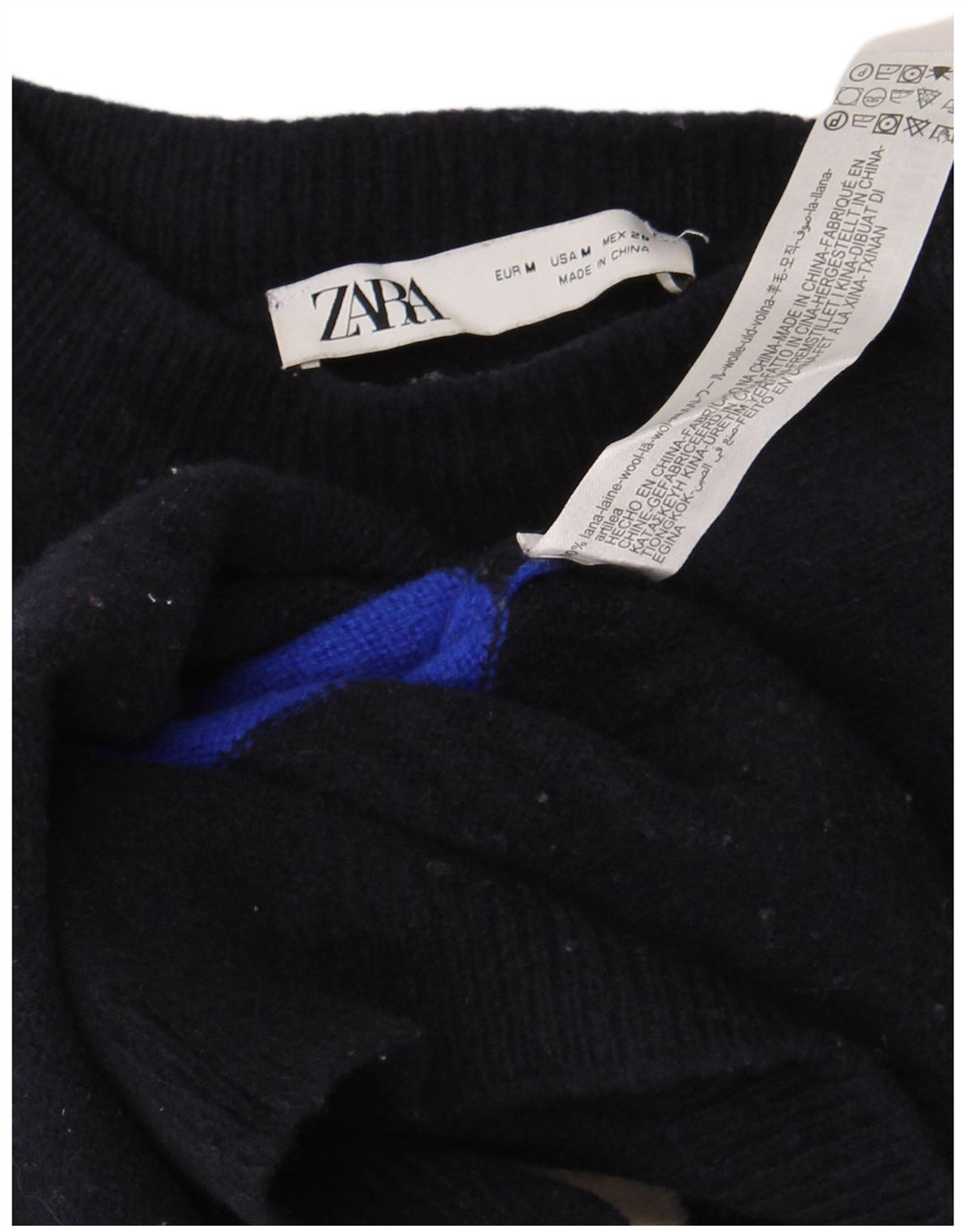Zara Γυναικείο πουλόβερ με λαιμόκαυστο UK 14 Medium Navy Blue ριγέ μαλλί