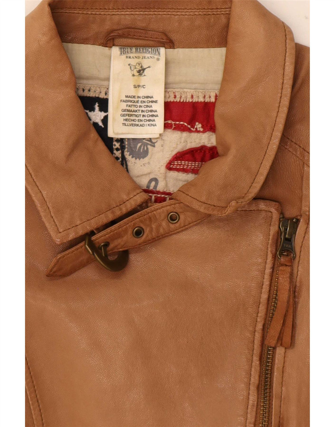 True Religion Γυναικείο δερμάτινο μπουφάν ποδηλάτου UK 10 Small Beige Colourblock