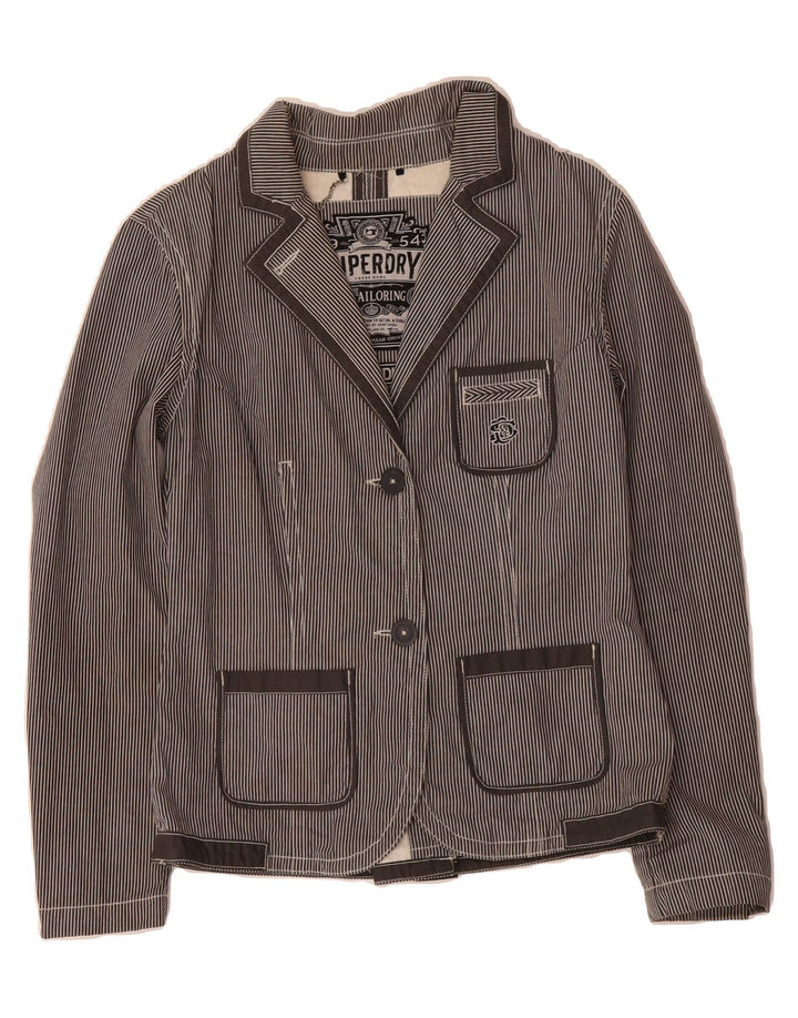 SUPERDRY Womens 2 Button Blazer Jacket UK 12 Medium Grey Striped Cotton Vintage Superdry and Second-Hand Superdry from Messina Hembry 