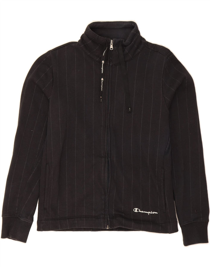 CHAMPION Womens Tracksuit Top Jacket UK 14 Medium Black Pinstripe Cotton Vintage Champion and Second-Hand Champion from Messina Hembry 