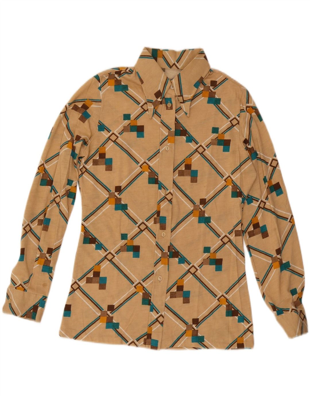 VINTAGE Γυναικείο Πουκάμισο UK 12 Medium Beige γεωμετρικό