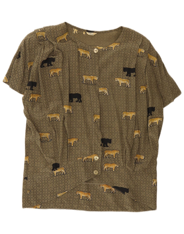 Vintage Womens Short Sleeve Shirt Blouse IT 48 XL Khaki Animal Print