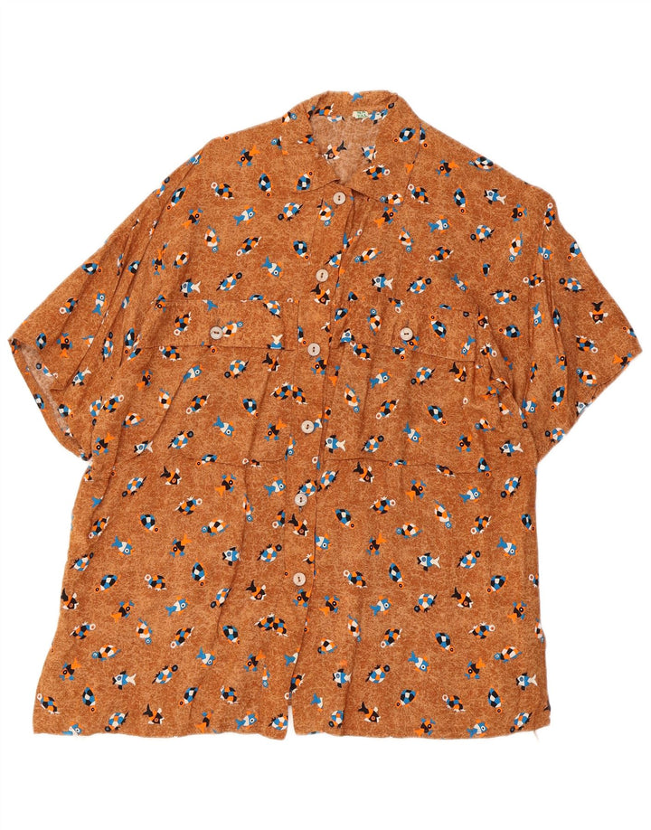 Vintage γυναικείο πουκάμισο μεγάλου μεγέθους, αφηρημένο μοτίβο, μπλούζα UK 10 Small Brown