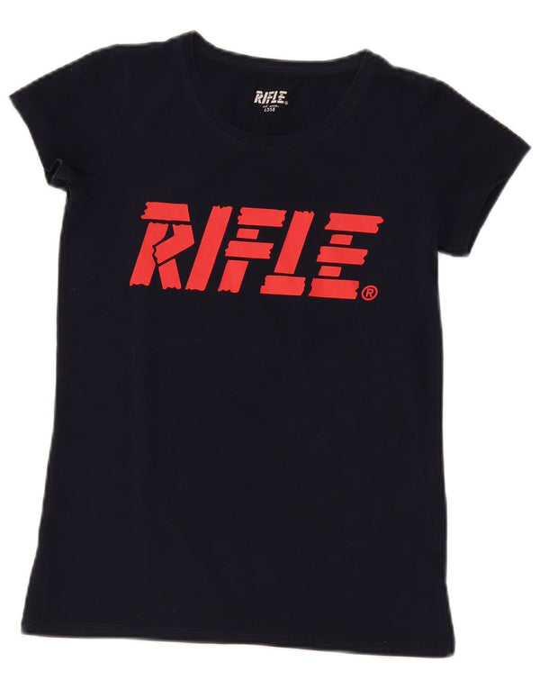 Rifle Γυναικείο γραφικό T-Shirt Top UK 12 Medium Navy Blue βαμβακερό