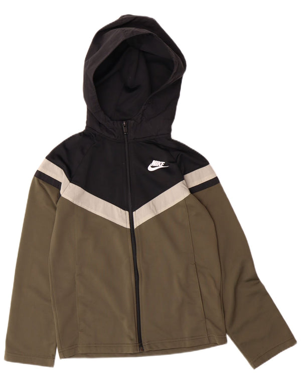 NIKE Girls Zip Hoodie πουλόβερ 10-11 ετών Medium Khaki Colorblock