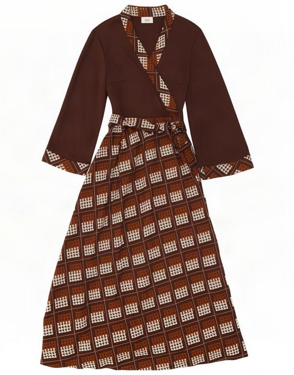 Vintage γυναικείο φόρεμα με μανίκια 3/4 UK 14 Medium Brown Geometric Polyester