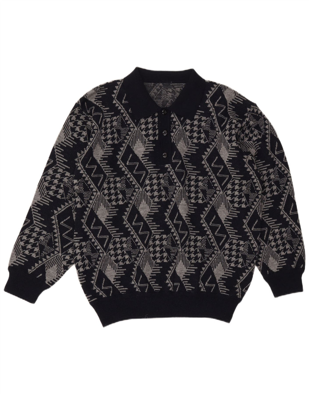 Vintage ανδρικό πουλόβερ με λαιμόκοψη XL Navy Blue Geometric