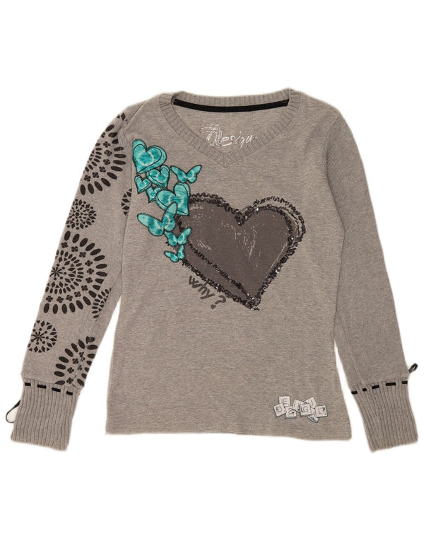 Desigual Γυναικείο τοπ μακρυμάνικο UK 14 Medium Grey Heart