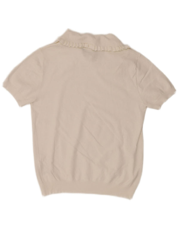 Benetton Womens Short Sleeve Polo Neck Jumper Sweater UK 6 XS White Cotton