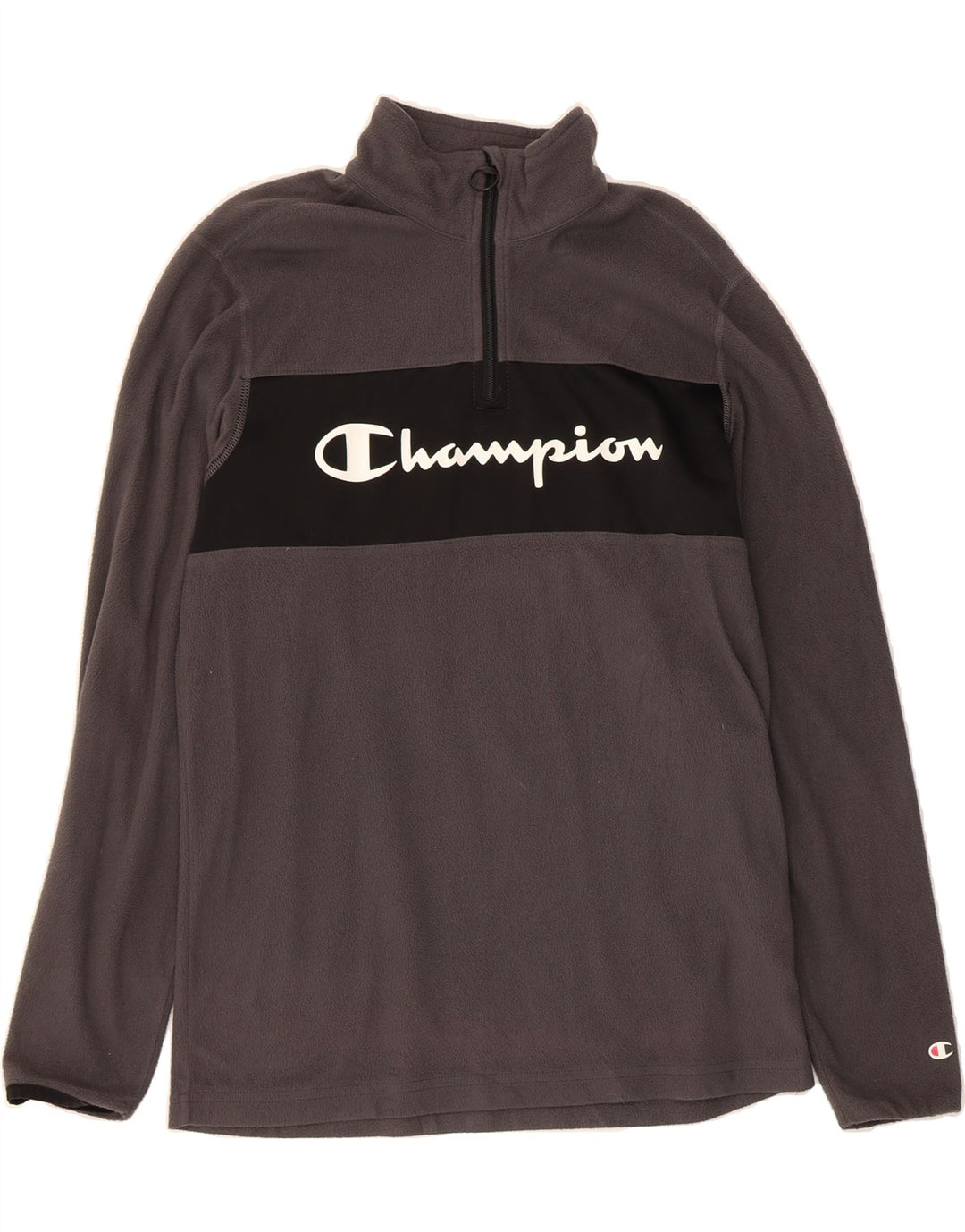 CHAMPION Mens Graphic Zip Neck Fleece Jumper Medium Grey Colourblock Vintage Champion and Second-Hand Champion from Messina Hembry 