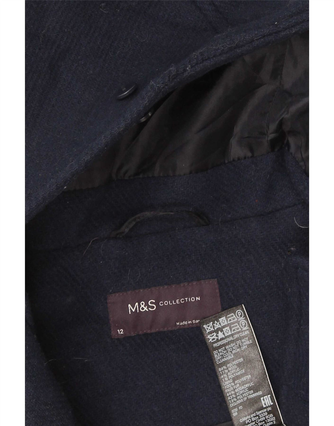 Marks & Spencer Γυναικείο παλτό Duffle με κουκούλα UK 12 Medium Navy Blue Polyester