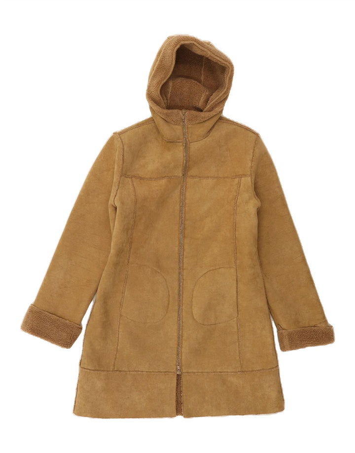 VINTAGE Womens Hooded Sherpa Overcoat UK 14 Medium Brown Vintage Vintage and Second-Hand Vintage from Messina Hembry 
