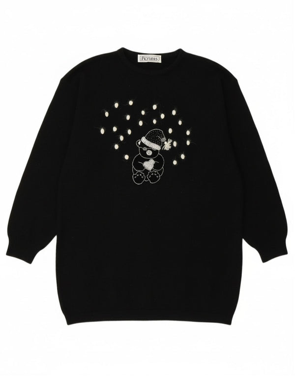 Vintage γυναικείο γραφικό πουλόβερ με λαιμόκοψη UK 16 μεγάλο μαύρο μαλλί