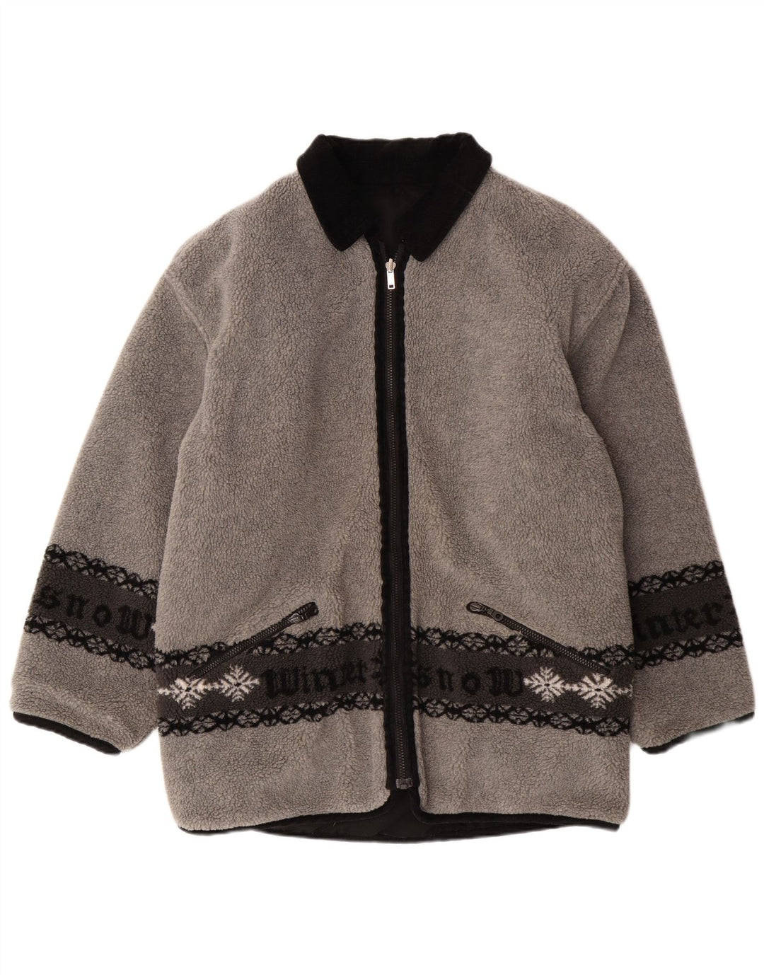 VINTAGE Ανδρικό γραφικό αναστρέψιμο μπουφάν φλις UK 38 Medium Grey Fair Isle