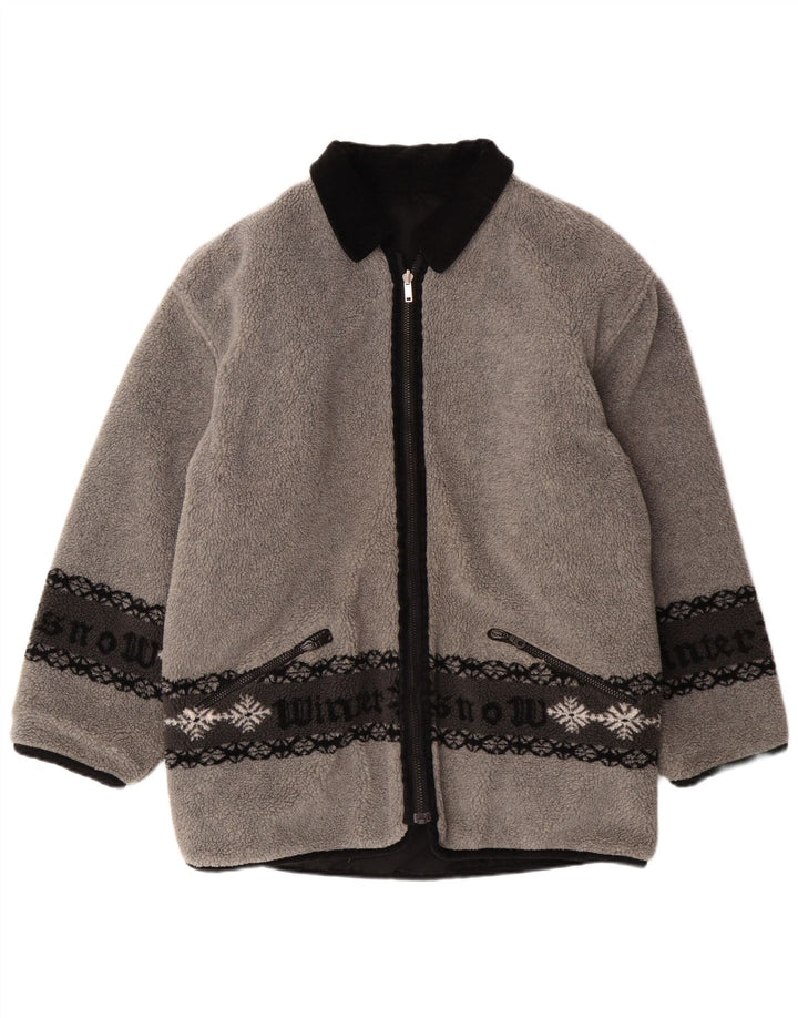 VINTAGE Ανδρικό γραφικό αναστρέψιμο μπουφάν φλις UK 38 Medium Grey Fair Isle