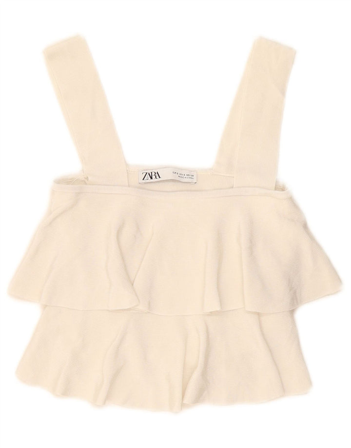 Zara Γυναικείο Crop Ruffle Μπροστινό Cami Top UK 8 Small Off White Viscose