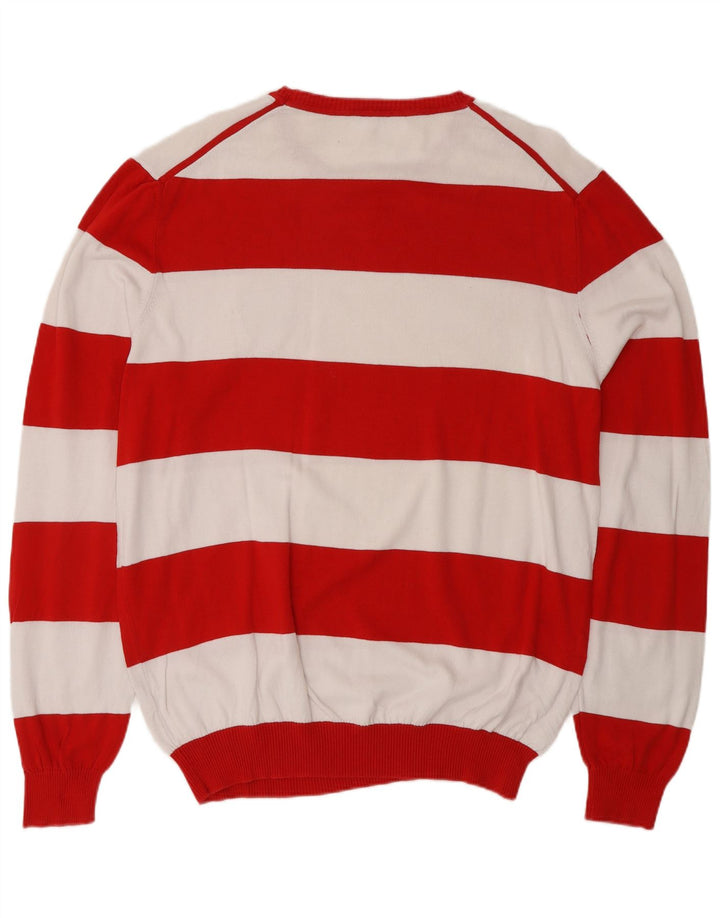 BENETTON Ανδρικό πουλόβερ με λαιμόκοψη XL από βαμβακερό κόκκινο ριγέ