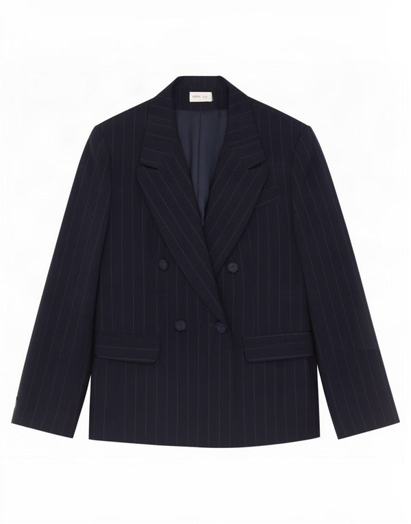 Bhs Γυναικείο σακάκι με διπλό στήθος UK 14 Large Navy Blue Pinstripe