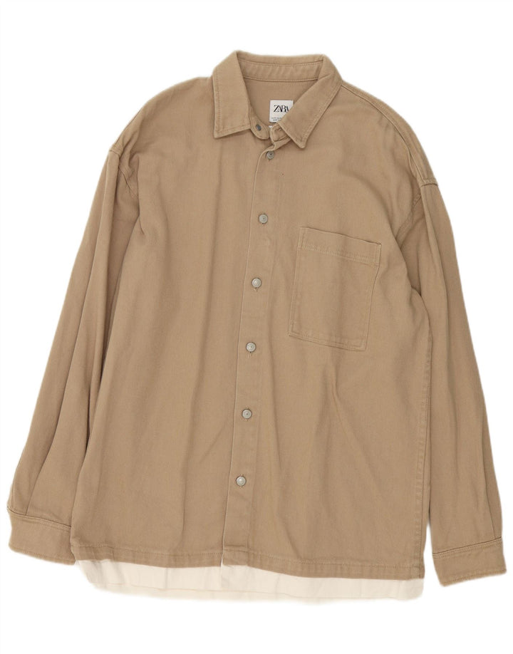 Ανδρικό πουκάμισο Zara Relaxed Fit Medium Beige Colourblock Βαμβακερό