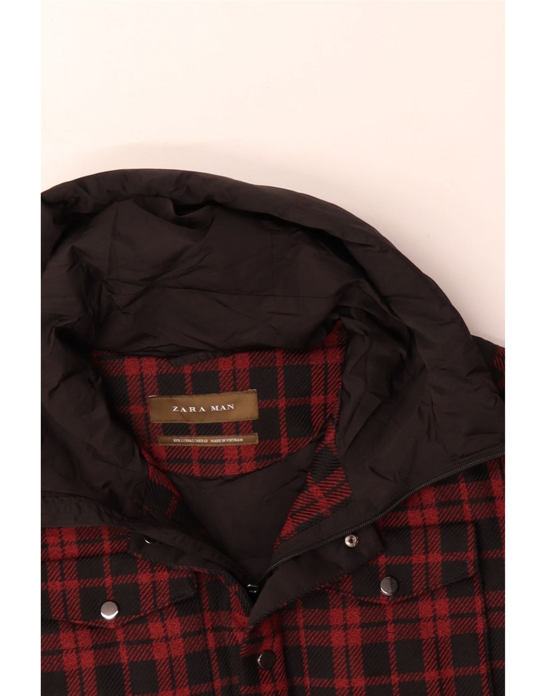 Ανδρικό μπουφάν ZARA με κουκούλα UK 40 Large Red Check Polyester