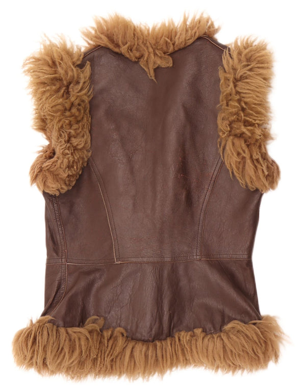 Vintage Womens Sherpa Leather Gilet IT 46 Large Brown Colourblock