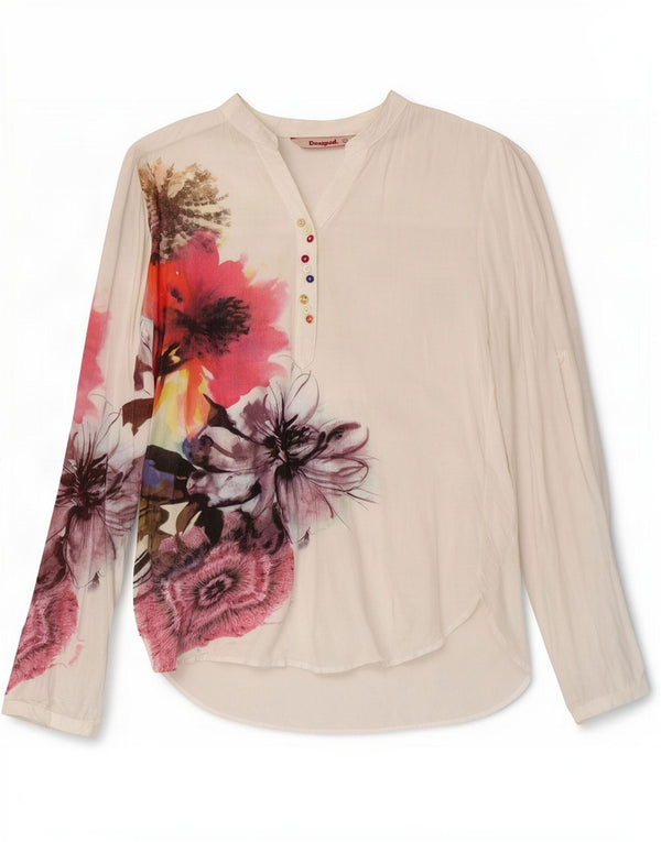 Desigual Γυναικείο πουλόβερ πουκάμισο UK 10 Small White Floral Viscose