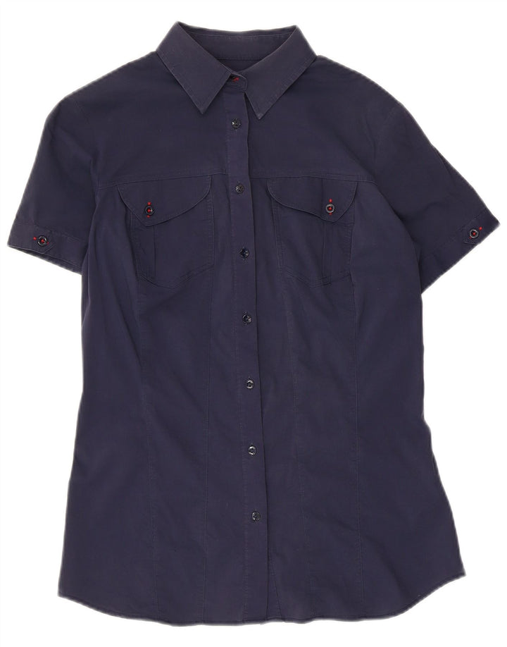 TRUSSARDI JEANS Γυναικείο κοντομάνικο πουκάμισο UK 12 μεσαίο μπλε βαμβακερό