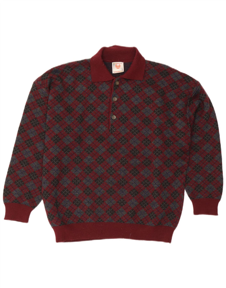 Stefanel Mens Polo Neck Jumper Sweater Medium Burgundy Argyle/Diamond Wool