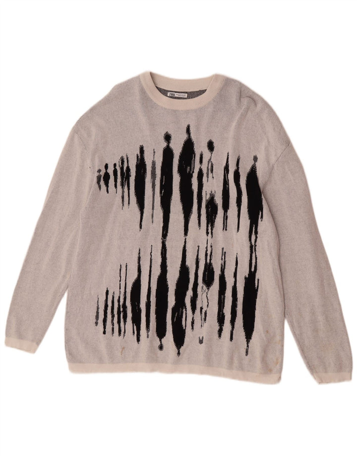 Ανδρικό πουλόβερ Zara Graphic Boat Neck Jumper Μεσαίο γκρι βαμβακερό