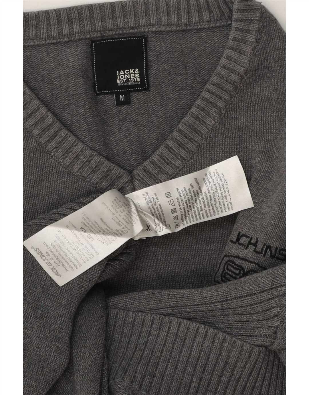 Ανδρικό πουλόβερ Jack & Jones με V λαιμόκοψη, μεσαίο βαμβακερό γκρι