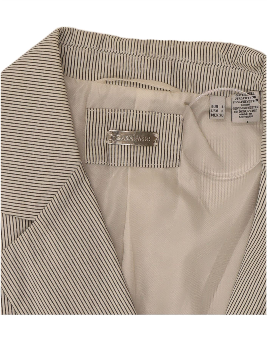ZARA Womens Slim 1 Button Blazer Jacket UK 16 Large White Pinstripe Cotton Vintage Zara and Second-Hand Zara from Messina Hembry 