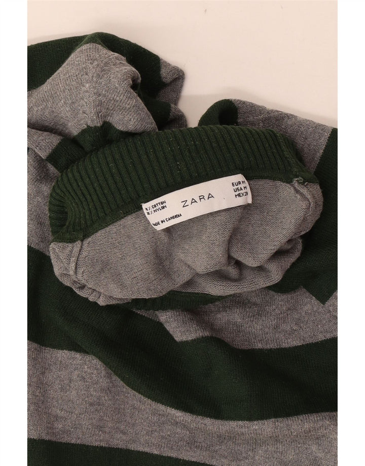 Zara γυναικείο πουλόβερ με ρολό λαιμόκοψη UK 12 μεσαίο γκρι βαμβακερό ριγέ