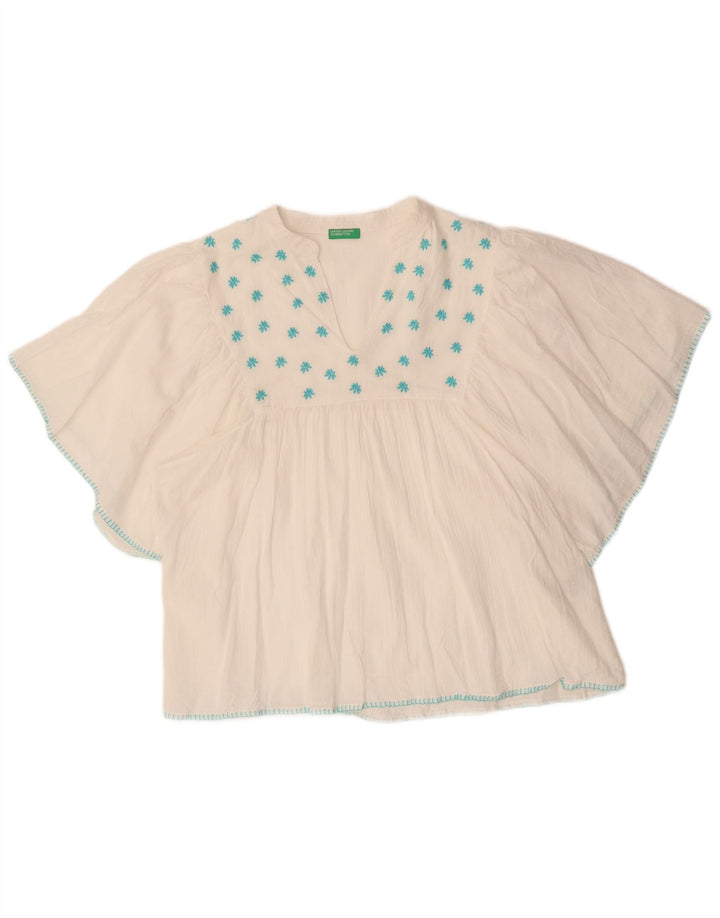 Γυναικεία μπλούζα μπλούζας Benetton UK 14 Μεσαίο Λευκό φλοράλ βαμβακερό