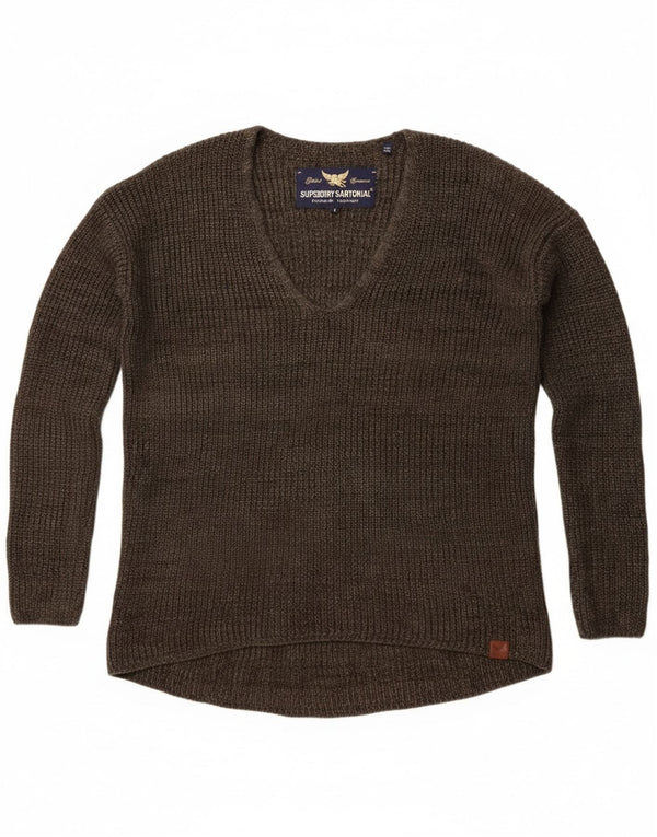 Superdry γυναικείο πουλόβερ μεγάλου μεγέθους V-λαιμόκοψη UK 6 XS Χακί βαμβακερό