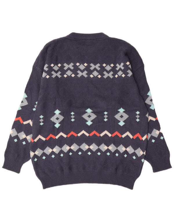 Vintage ανδρικό πουλόβερ με λαιμόκοψη 2XL Navy μπλε γεωμετρικό βαμβάκι
