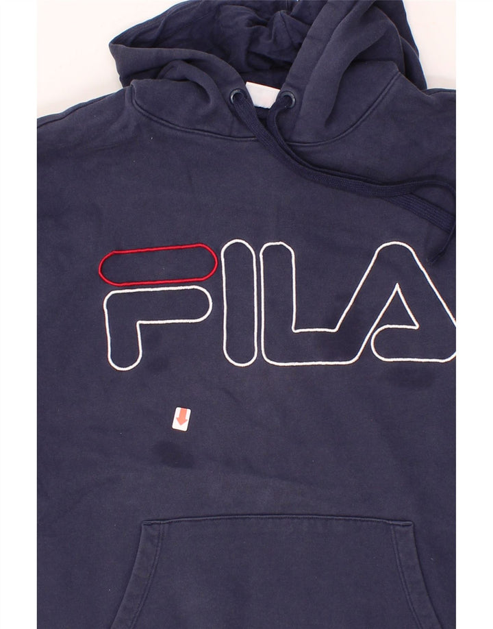 FILA Mens Graphic Hoodie Jumper Medium Navy Blue Cotton Vintage Fila and Second-Hand Fila from Messina Hembry 