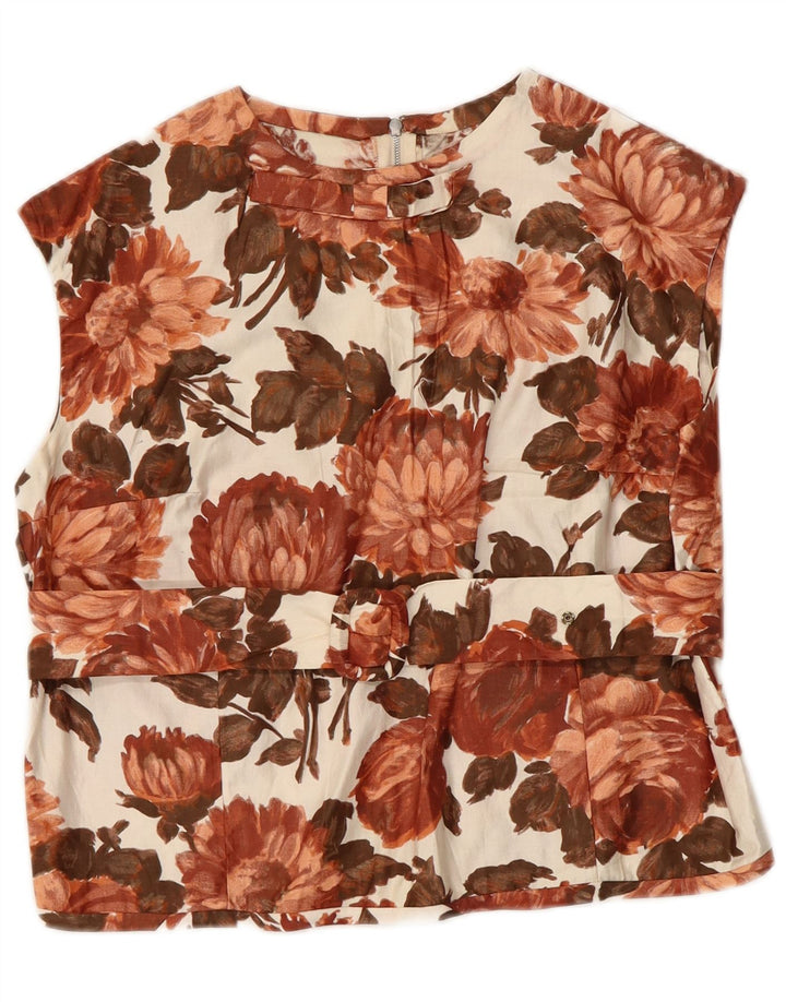 VINTAGE Γυναικεία Crop Αμάνικη Μπλούζα Τοπ UK 14 Medium Brown Floral