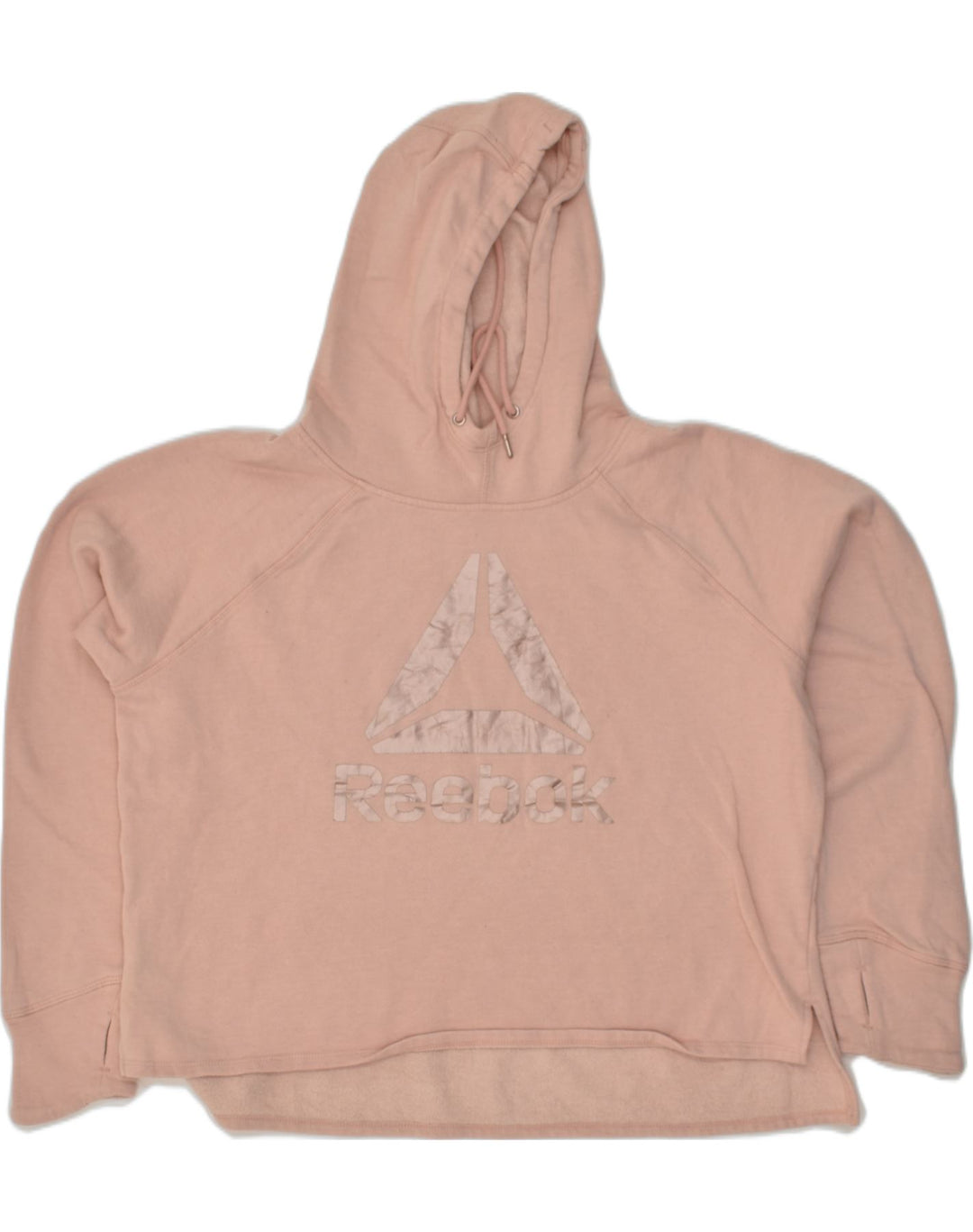 REEBOK Womens Oversized Graphic Hoodie Jumper UK 14 Large Beige Cotton | Vintage Reebok | Thrift | Second-Hand Reebok | Used Clothing | Messina Hembry 