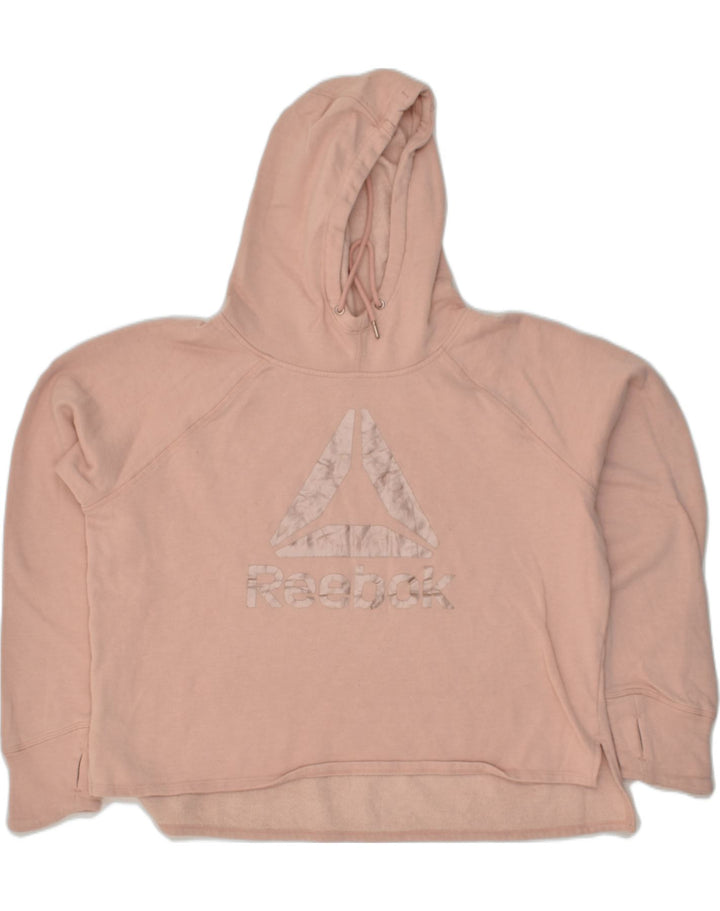 REEBOK Womens Oversized Graphic Hoodie Jumper UK 14 Large Beige Cotton | Vintage Reebok | Thrift | Second-Hand Reebok | Used Clothing | Messina Hembry 
