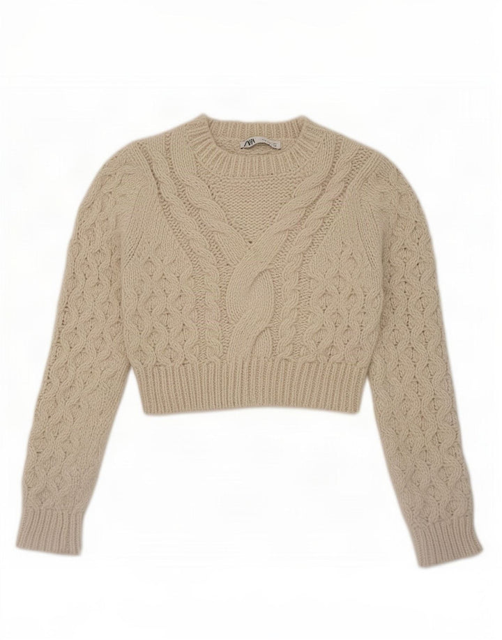 Zara Γυναικείο πουλόβερ με λαιμόκοψη Crop Crop UK 12 Medium Beige Polyester