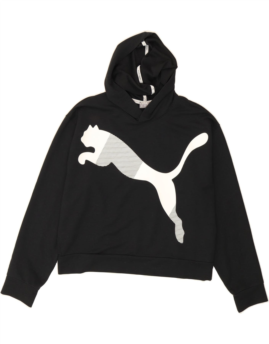 PUMA Womens Oversized Graphic Hoodie Jumper UK 14 Medium Black Polyester Vintage Puma and Second-Hand Puma from Messina Hembry 