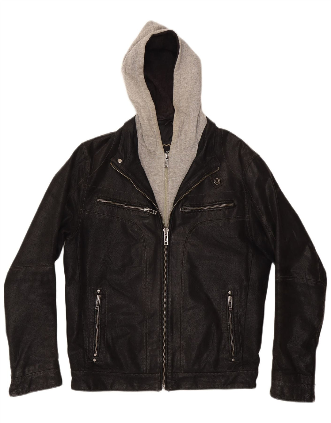 Ανδρικό δερμάτινο μπουφάν Angelo Litrico με κουκούλα UK 36 Small Black Colourblock