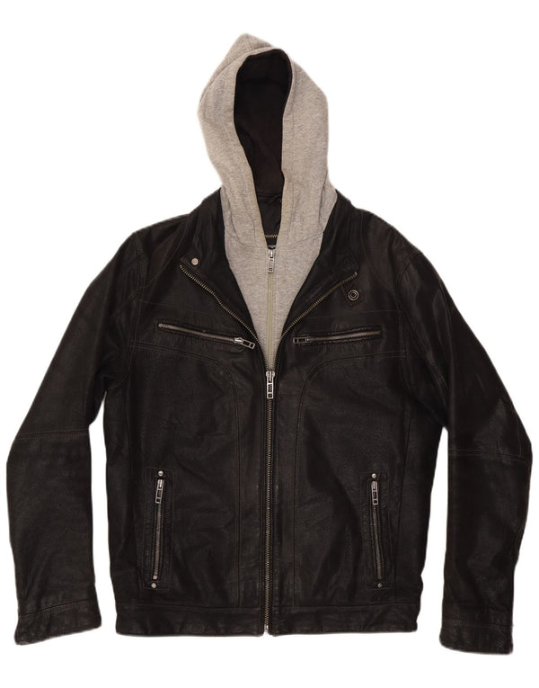 Ανδρικό δερμάτινο μπουφάν Angelo Litrico με κουκούλα UK 36 Small Black Colourblock
