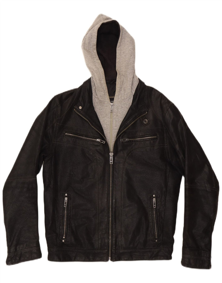 Ανδρικό δερμάτινο μπουφάν Angelo Litrico με κουκούλα UK 36 Small Black Colourblock