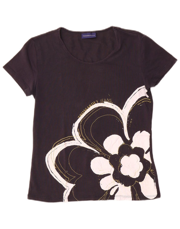 Trussardi Jeans Γυναικείο γραφικό T-shirt Top UK 12 Medium Navy Blue Floral