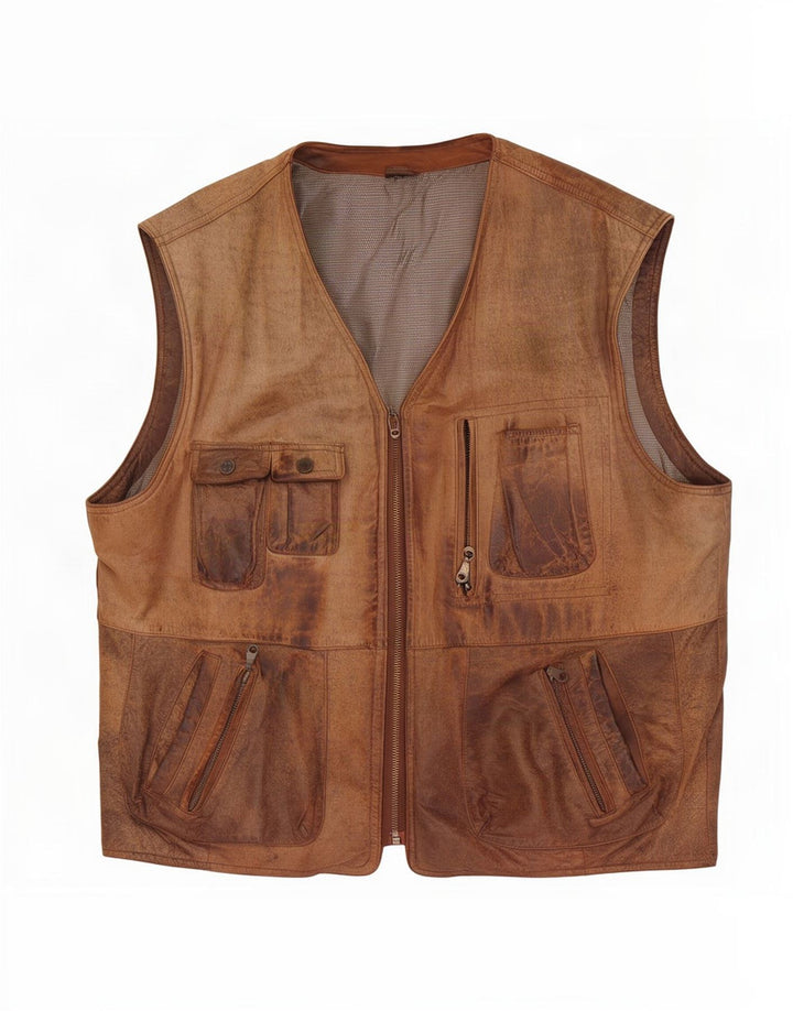 Vintage Ανδρικό Δερμάτινο Βοηθητικό Gilet EU 54 2XL Καφέ