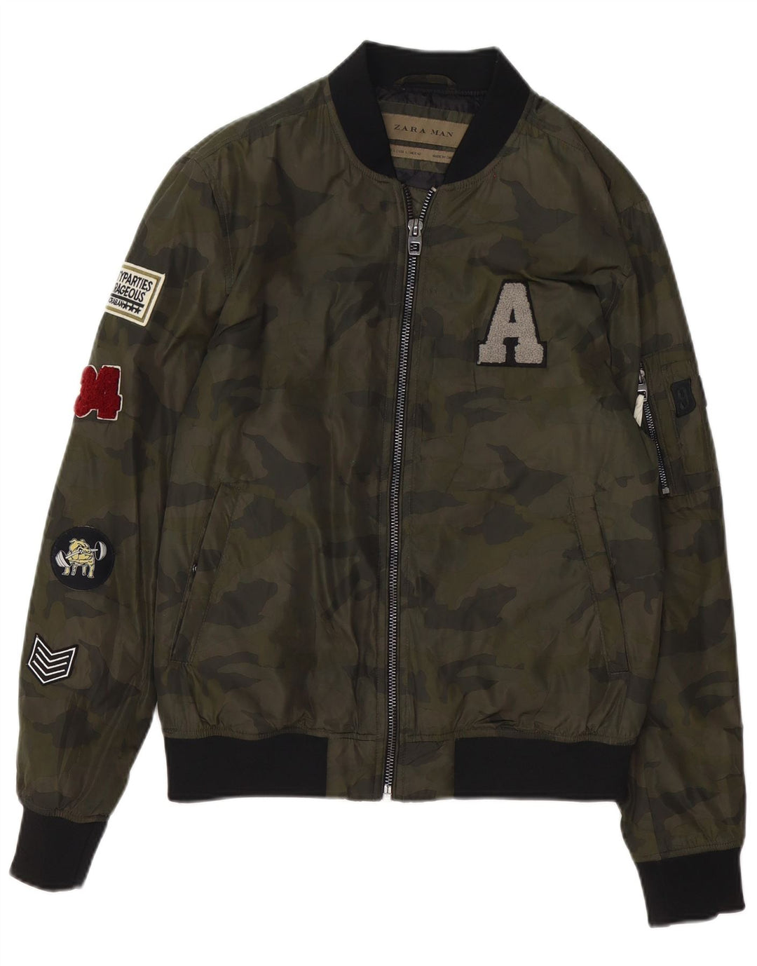 Zara Mens Graphic Bomber Jacket UK 40 Large Green Camouflage Polyester