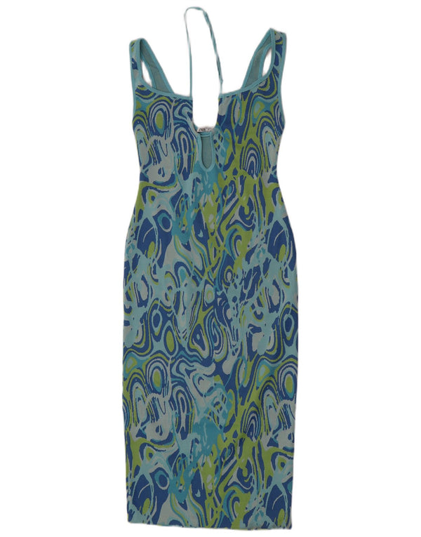 Zara Γυναικείο Αμάνικο Bodycon Φόρεμα UK 8 Small Blue Geometric Polyester