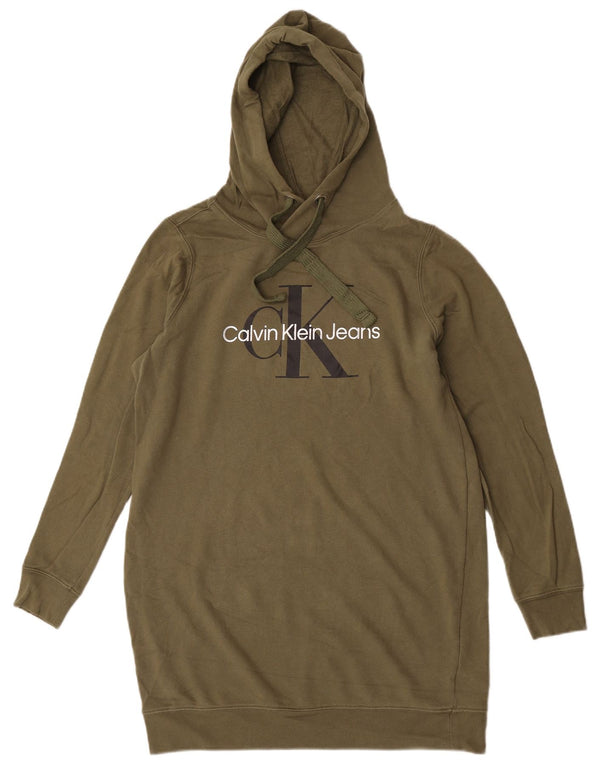 Calvin Klein Jeans Γυναικεία Longline Graphic Hoodie Jumper UK 12 Medium Khaki
